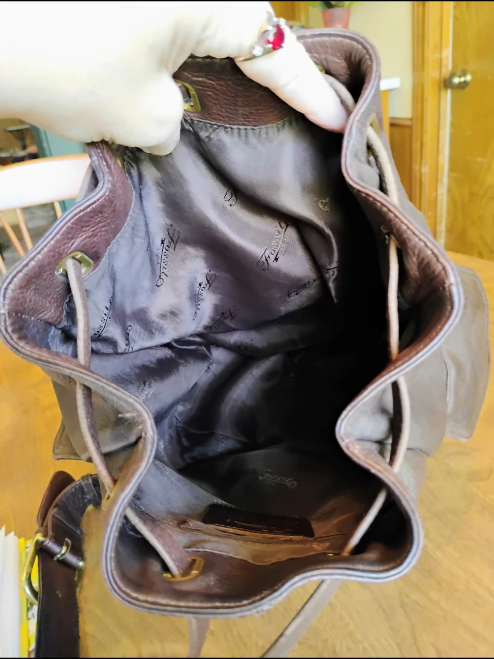 Fossil Dark Brown Pebble Grain Leather Drawstring Flap Bucket Backpack / Purse
